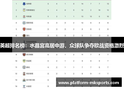 英超排名榜：水晶宫高居中游，众球队争夺欧战资格激烈