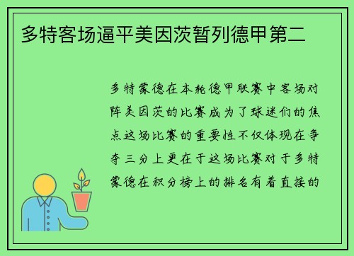 多特客场逼平美因茨暂列德甲第二